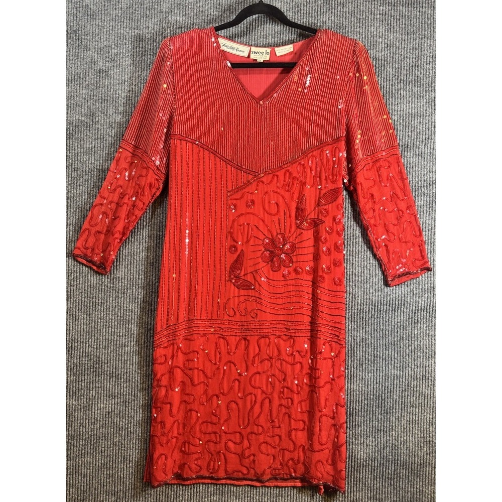VTG 1980's SWEE LO Saks Fifth Avenue Beaded Silk Cocktail Dress Red Petite Large